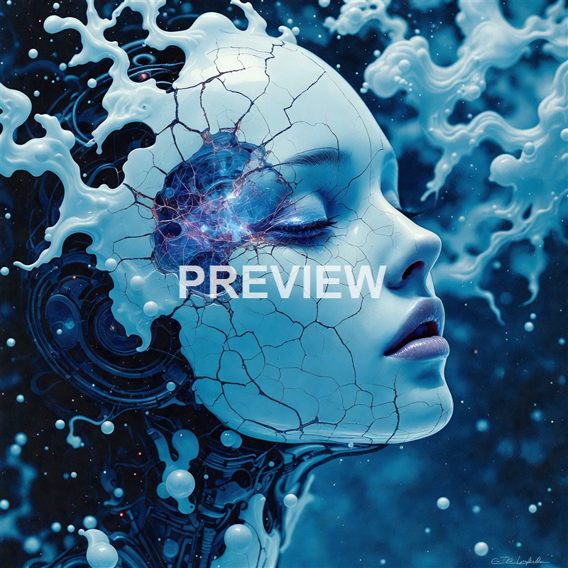 A digital artwork of a human face with closed eyes, featuring a cracked surface and an illuminated, neural-like core in the temple area, surrounded by abstract swirling elements.